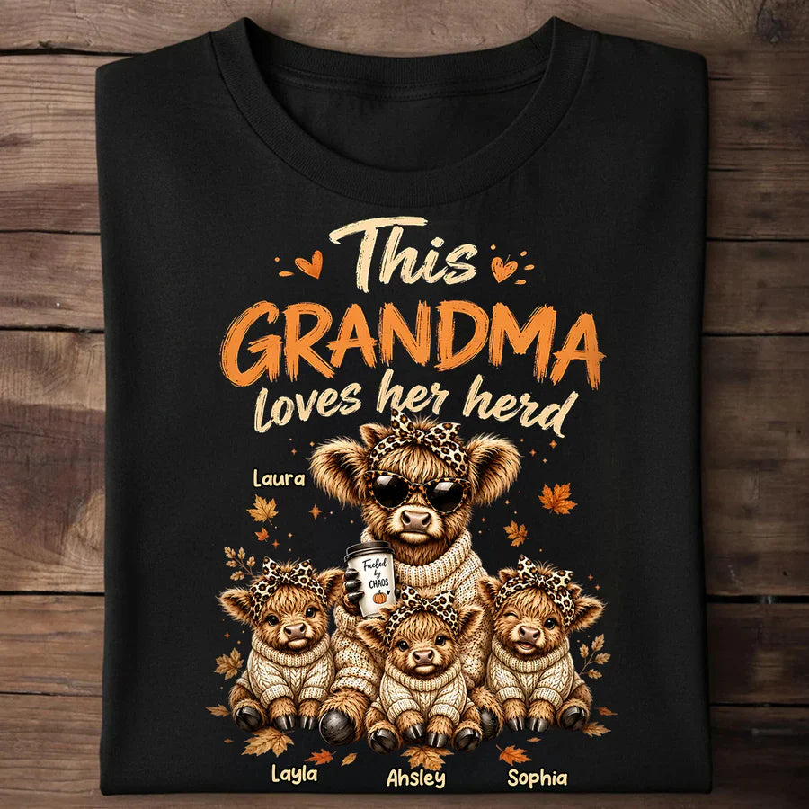 Personalized Grandma Classic Tee, Highland Cow Herd Design, Fall Leaves, Unique Gift for Grandma
