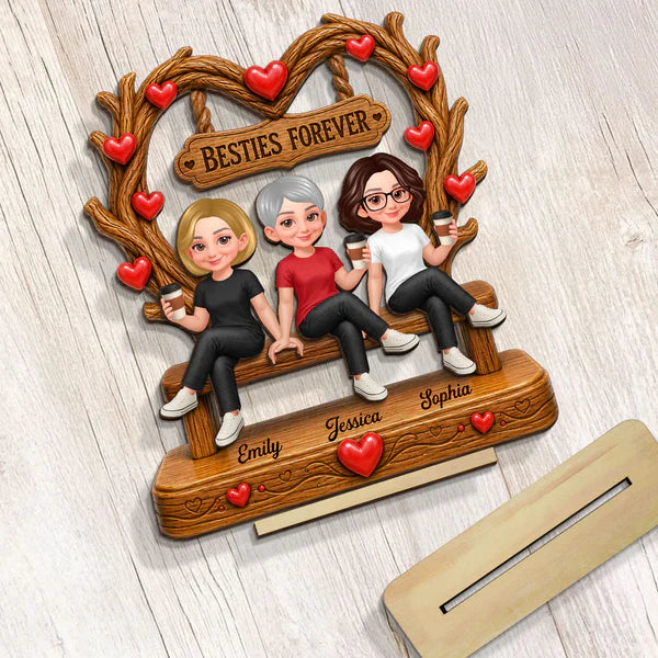 Personalized 2-Layer Wooden Plaque, Friends Sitting Under Heart Canopy, Unique Gift for Close Friend