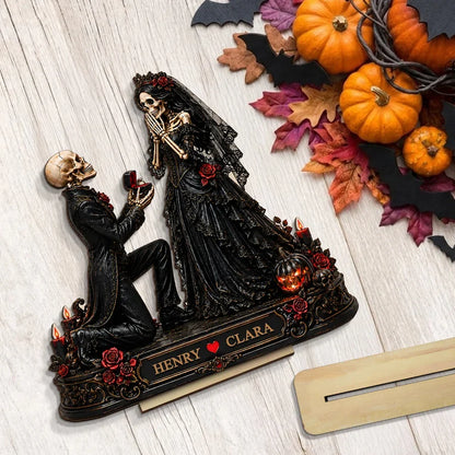 Personalized 2-Layer Wooden Plaque, Skeleton Proposal Halloween Decor, Unique Gift for Couple