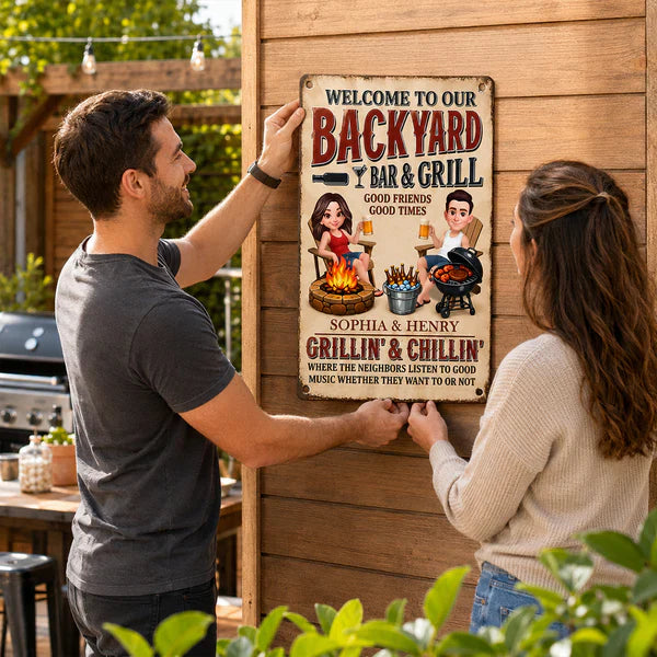 Personalized Backyard Bar & Grill Iron Sign, Sitting Couple in Sunlit Yard, Unique Gift for Couple