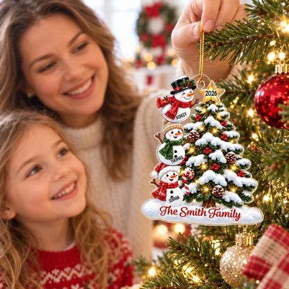 Personalized Acrylic Ornament, Waving Snowman Family by a Snowy Christmas Tree, Unique Gift for Grandkids