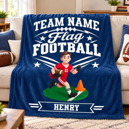 Personalized Flag Football Fleece Blanket, Running Player Design, Unique Gift for Young Athletes
