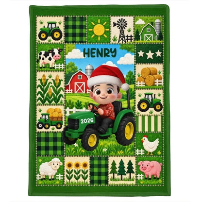 Personalized Fleece Blanket, Christmas Farm Boy Driving a Tractor, Unique Gift for Kids and Grandkids