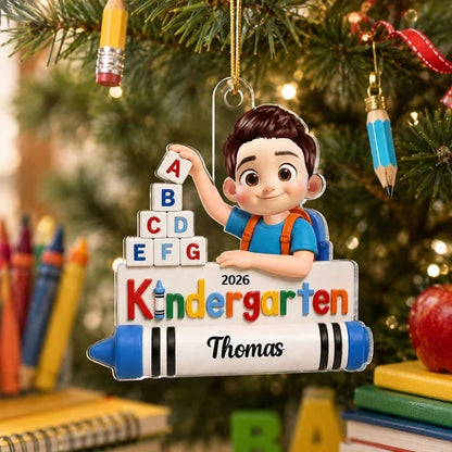 Personalized Acrylic Ornament, Colorful Kindergarten Child Holding Crayons, Unique Back to School Gift for Kids