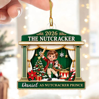 Personalized Acrylic Ornament, Red and Gold Nutcracker Ballerina on Stage, Unique Christmas Gift for Dancers