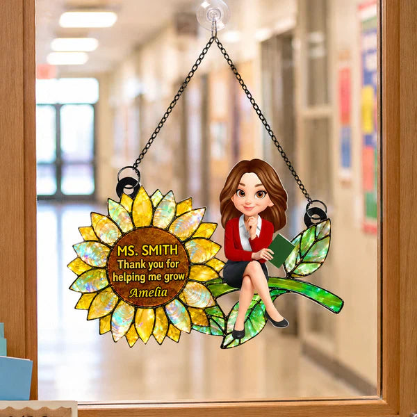 Personalized Acrylic Suncatcher Ornament for Teacher, Unique Sunflower Gift with Cartoon Teacher Holding a Book