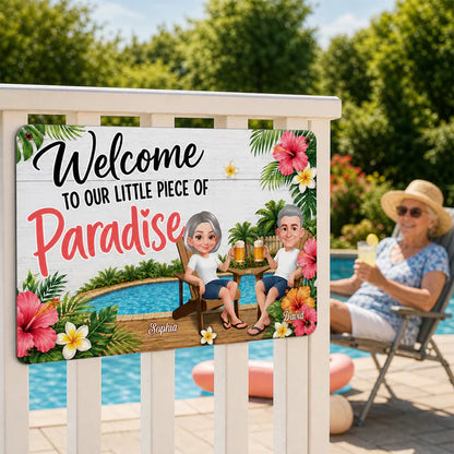 Personalized Rectangular Iron Sign with Sitting Couple, Tropical Pool Welcome Decor, Unique Gift for Couples
