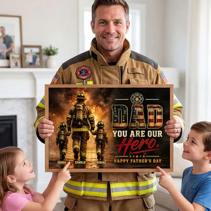 Personalized Firefighter Dad Poster, Holding Hands in a Fiery Scene, Unique Father's Day Gift for Dad