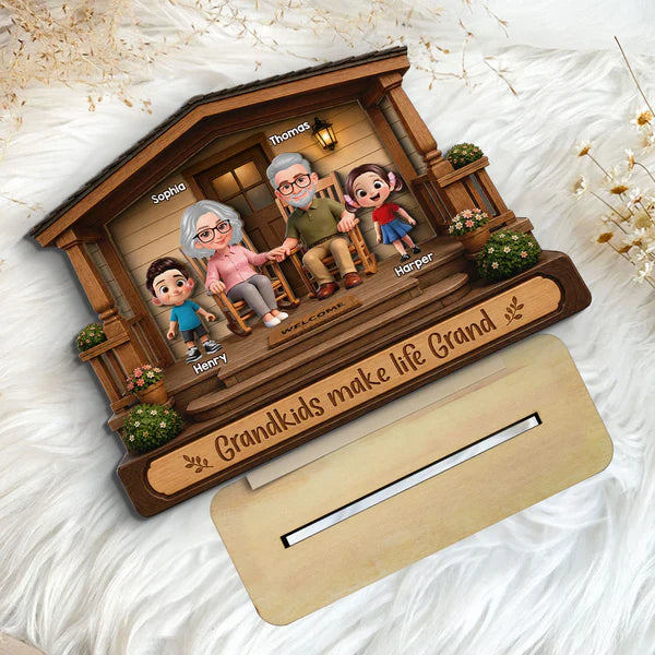 Personalized 2-Layer Wooden Plaque, Warm Cartoon Grandparents & Grandkids Porch Scene, Unique Gift for Grandparents