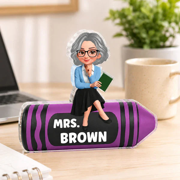 Shaped Acrylic Block Plaque For Teacher, Custom Cartoon Crayon Design, Creative Classroom Thank You Gift