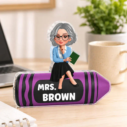 Shaped Acrylic Block Plaque For Teacher, Custom Cartoon Crayon Design, Creative Classroom Thank You Gift