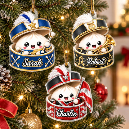 Personalized Acrylic Ornament, Blue and Gold Marching Band Dumpling Holding a Baton, Unique Gift for Band Kids