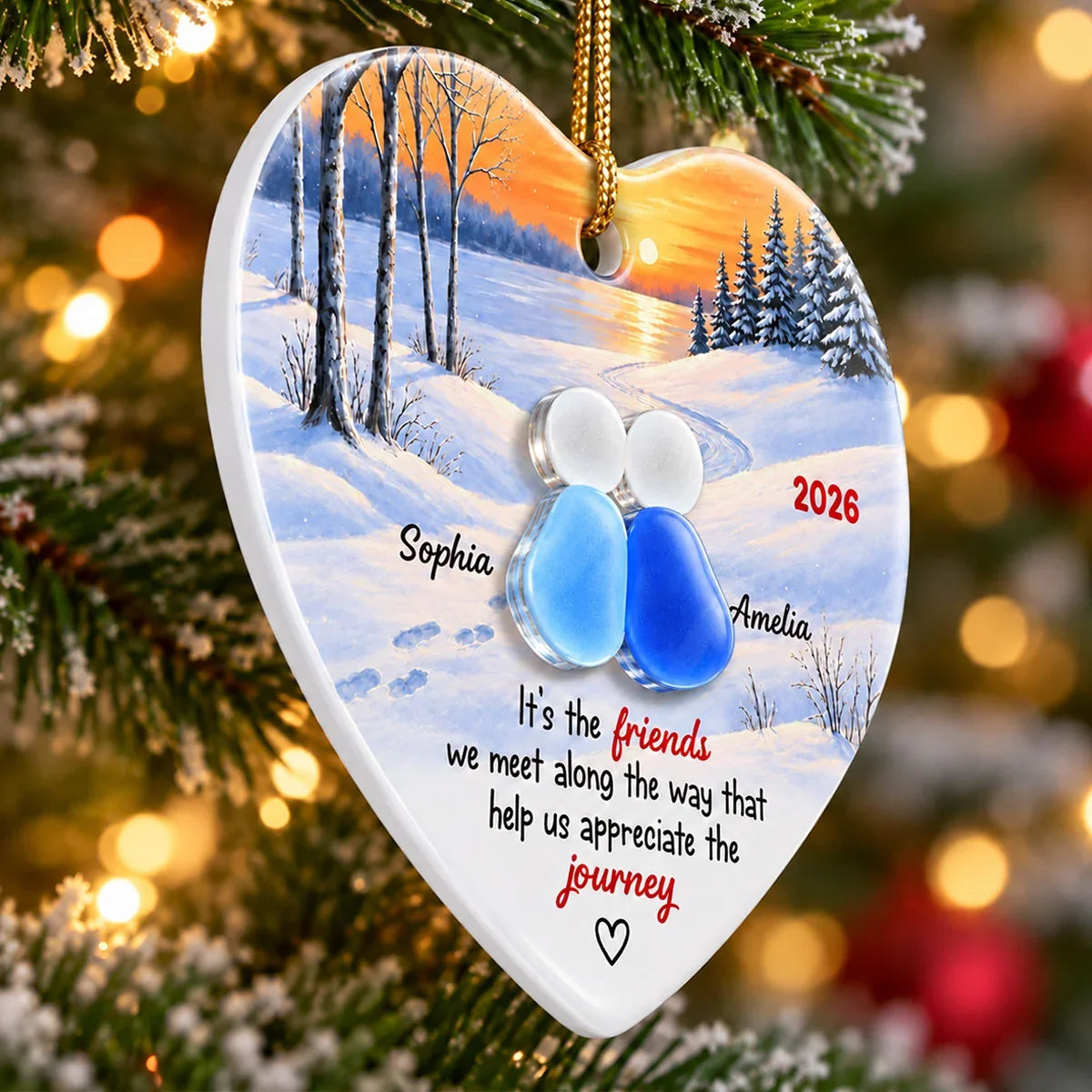 Personalized Heart Ornament, Friends Sitting Together at a Winter Sunset, Unique Christmas Gift for a Close Friend