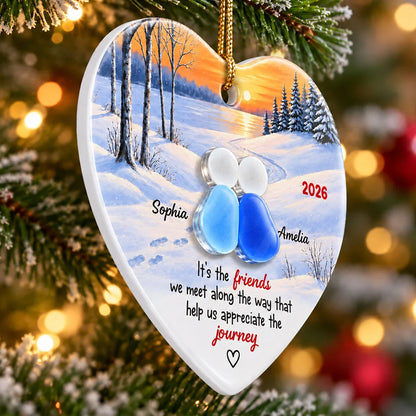 Personalized Heart Ornament, Friends Sitting Together at a Winter Sunset, Unique Christmas Gift for a Close Friend