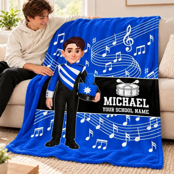 Personalized Fleece Blanket with Standing Marching Band Girl and Trumpet, Unique Gift for Music Students