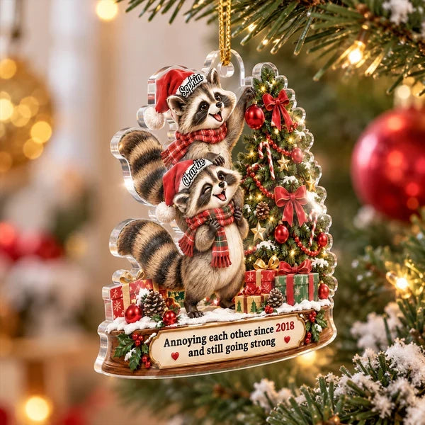 Personalized Acrylic Ornament, Funny Raccoon Couple Decorating a Christmas Tree, Unique Gift for Couples