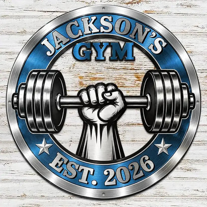Personalized Shaped Metal Sign with Gripping Fist and Barbell, Unique Gift for Gym Lovers