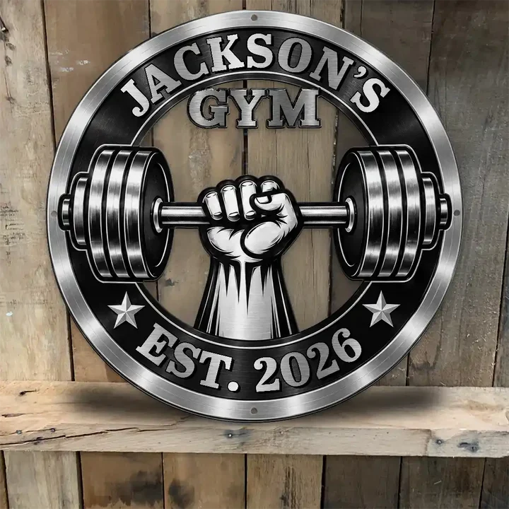 Personalized Shaped Metal Sign with Gripping Fist and Barbell, Unique Gift for Gym Lovers