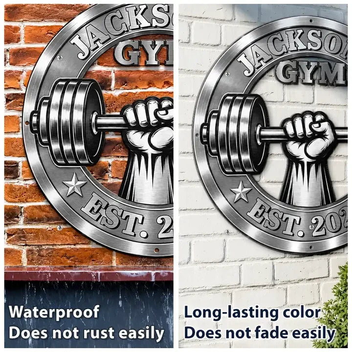 Personalized Shaped Metal Sign with Gripping Fist and Barbell, Unique Gift for Gym Lovers