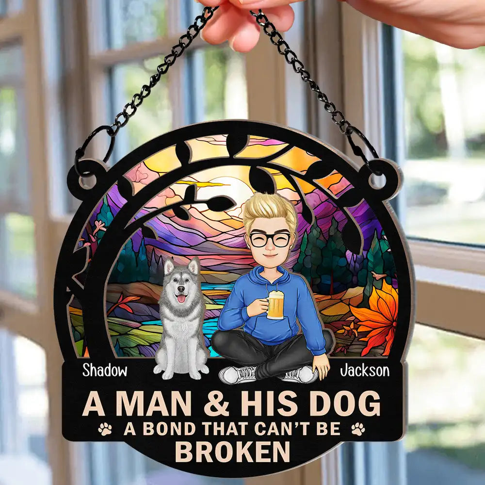 Dog Lovers, Dog Mom - Night Sky A Girl And Her Dog Cartoon Woman With Pet - Personalized Window Hanging Suncatcher Ornament
