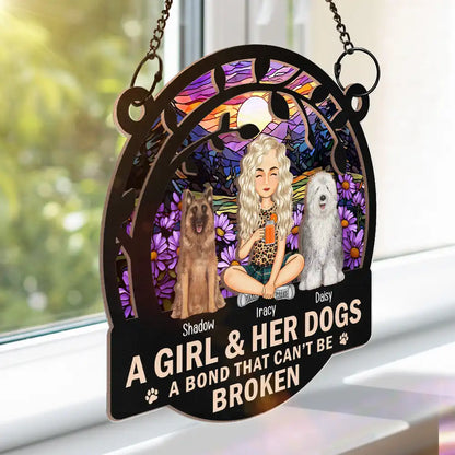 Dog Lovers, Dog Mom - Night Sky A Girl And Her Dog Cartoon Woman With Pet - Personalized Window Hanging Suncatcher Ornament