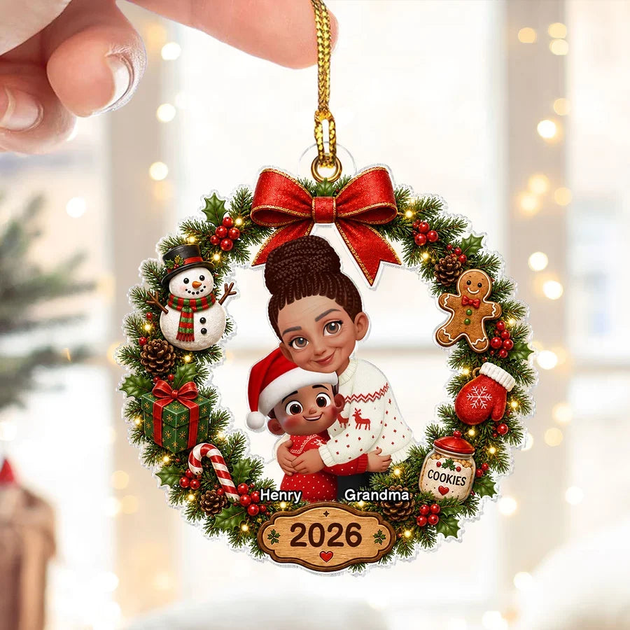Personalized Acrylic Ornament, Red and Evergreen Grandma Hug Wreath, Unique Christmas Gift for Grandma