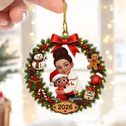 Personalized Acrylic Ornament, Red and Evergreen Grandma Hug Wreath, Unique Christmas Gift for Grandma