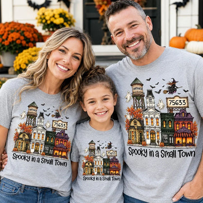 Personalized Classic Tee, Halloween Nostalgia with Flying Witch Over an Autumn Town, Creative Gift for Friends and Family