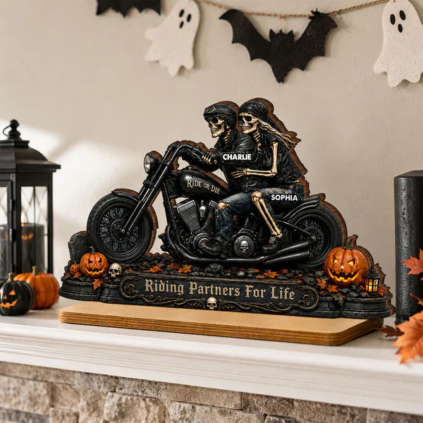 2-Layer Wooden Plaque, Personalized Skeleton Biker Couple Halloween Decor, Unique Gift for Couples