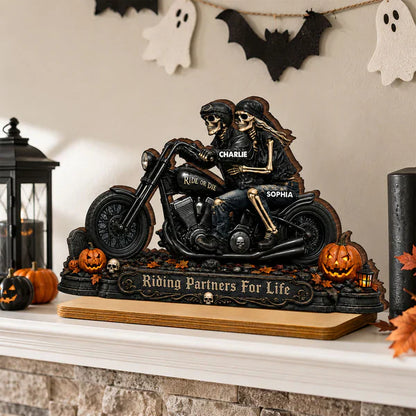 2-Layer Wooden Plaque, Personalized Skeleton Biker Couple Halloween Decor, Unique Gift for Couples
