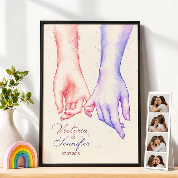 Personalized Couple Holding Hands Poster, Watercolor Wall Art, Unique Creative Gift for an Anniversary