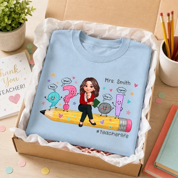 Personalized Classic Tee with Cartoon Teacher on Pencil, Colorful Grammar Design, Unique Gift for Educators