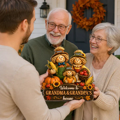 Personalized Wooden Sign with Scarecrow Family, Fall Door Decor, Unique Gift for Grandma & Grandpa