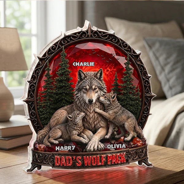 Personalized Shaped Acrylic Block Plaque, Dad's Wolf Pack Red Forest, Unique Gift for Dad
