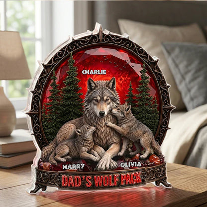 Personalized Shaped Acrylic Block Plaque, Dad's Wolf Pack Red Forest, Unique Gift for Dad