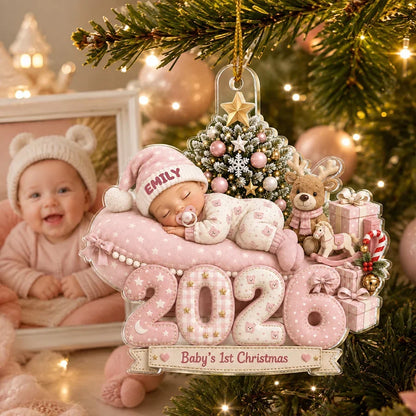 Personalized Acrylic Ornament, Sleeping Baby by a Christmas Tree, Unique First Christmas Gift for New Parents