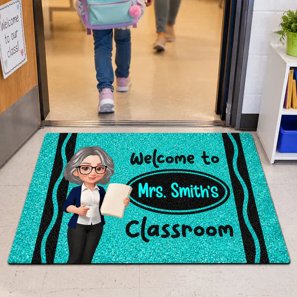 Standard Doormat, Classroom Welcome with Cartoon Teacher Holding Book, Creative Gift for Teacher Entryway