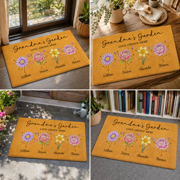 Personalized Grandma's Garden Standard Doormat, Cute Flower Family Entryway Unique Gift