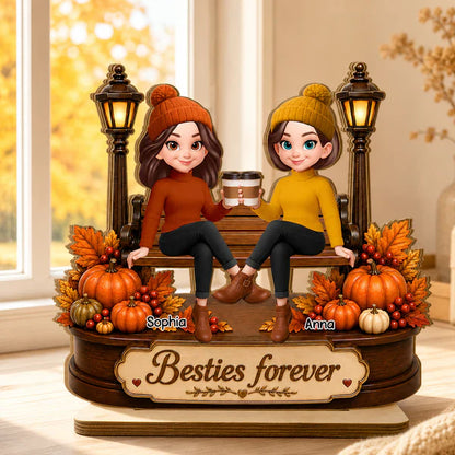 Personalized 2-Layer Wooden Plaque, Besties Forever Fall Scene, Unique Gift for Bestie