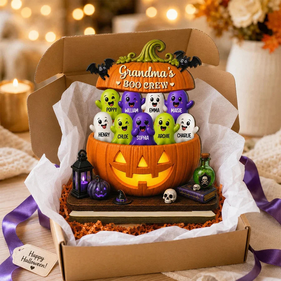 Grandma's Boo Crew Personalized Wooden Plaque, Smiling Ghost Pumpkin Unique Gift for Grandma