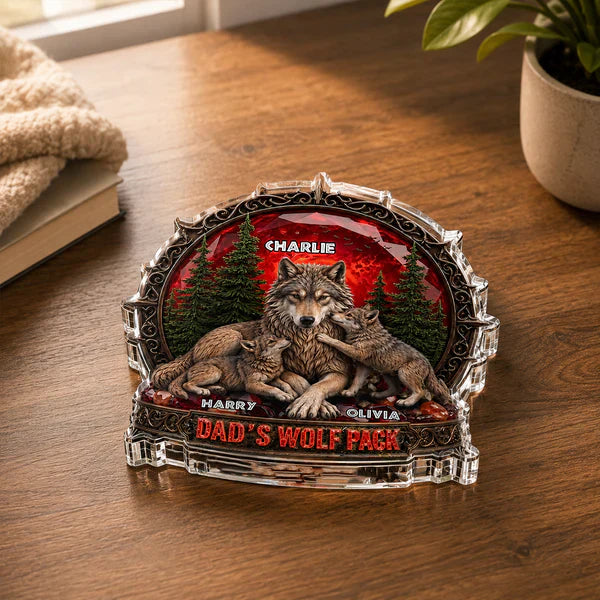 Personalized Shaped Acrylic Block Plaque, Dad's Wolf Pack Red Forest, Unique Gift for Dad