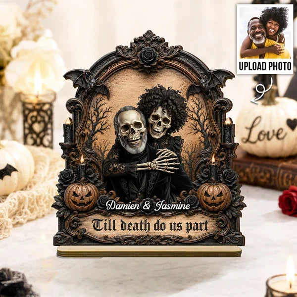 Personalized 2-Layer Wooden Plaque, Embracing Skeleton Couple, Unique Gothic Halloween Gift for Couples