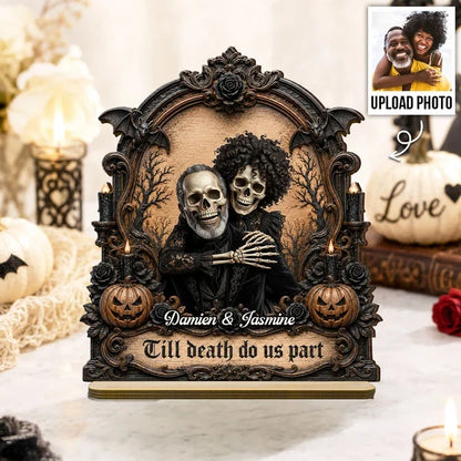 Personalized 2-Layer Wooden Plaque, Embracing Skeleton Couple, Unique Gothic Halloween Gift for Couples