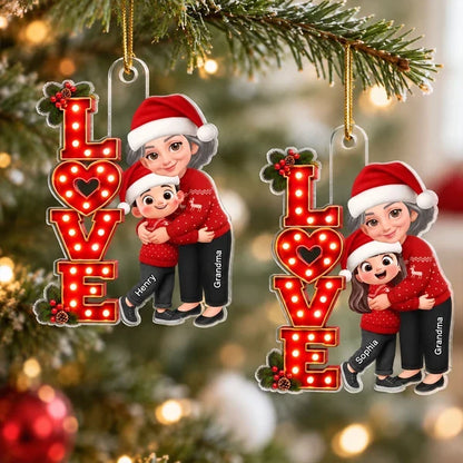 Personalized Acrylic Ornament, Grandma Hugging Granddaughter in Red Christmas Style, Creative Gift for Grandma