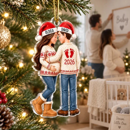 Personalized Acrylic Ornament, Embracing Expecting Couple by a Christmas Tree, Unique Gift for New Parents