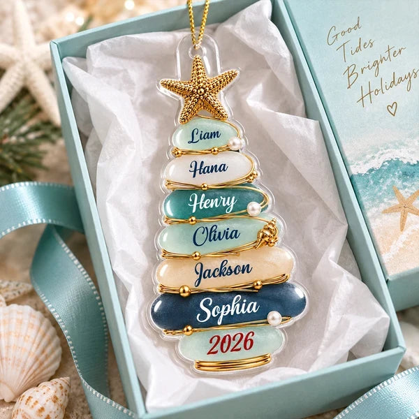 Personalized Acrylic Ornament, Coastal Stone Christmas Tree & Starfish, Unique Family Gift