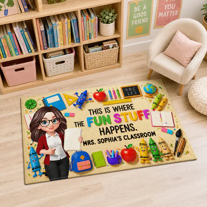 Personalized Standard Doormat With Standing Cartoon Teacher & School Supplies, Unique Teacher Gift