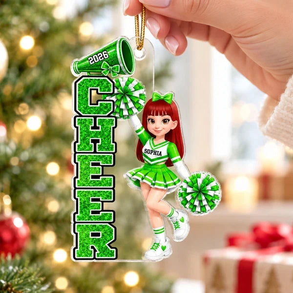 Custom Acrylic Ornament, Cheerleader with Raised Pom-Poms, Red & Pink Christmas Tree Decor, Creative Gift for Cheerleaders