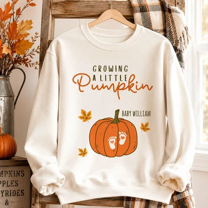 Personalized Classic Tee, Pumpkin and Baby Footprints Fall Design, Unique Gift for Mom-to-Be