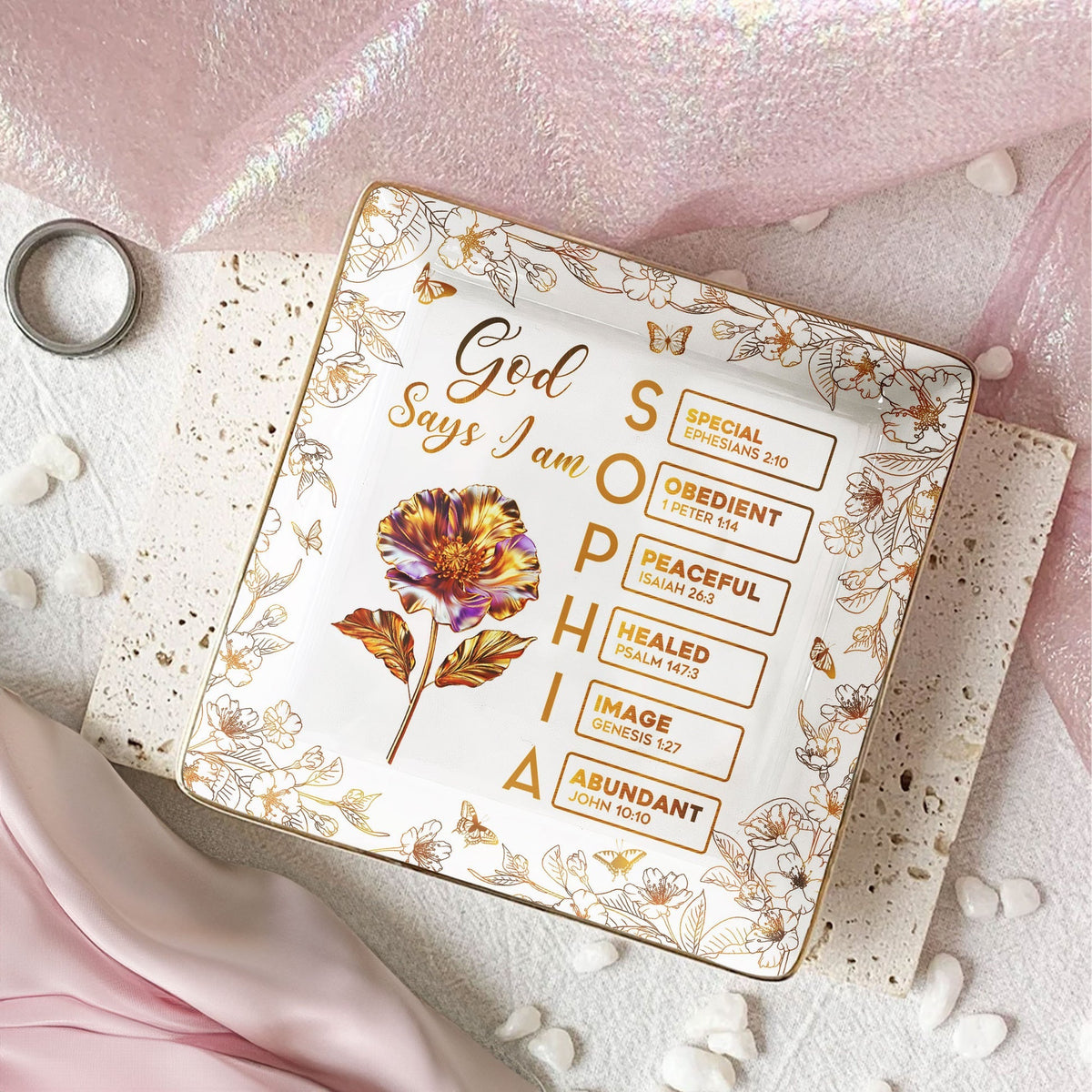 Jewelry Dish with Floral Scripture Design, Elegant Keepsake, Perfect Gift for Women